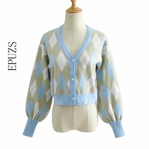 Cardigan tröja vintage v-neck argyle långärmad stickad mode smal söt söt elegant varm chic topp höst vinter 210521