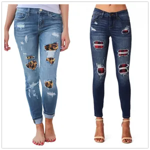 sale womens ripped leopard print jeans Fashion stretch Skinny denim pencil Pant Street casual hipster jeans S-2XL