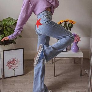 Estrela padrão azul flare jeans fêmea retrô calças denim para as mulheres vintage harajuku cintura alta calças de comprimento total s 211129