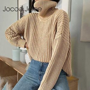 Jocoo jolee негабаритный свитер женщин зима полленка летучий рукав свободный пуловер винтажный твердый густые теплые трикотажные перемычки 210619