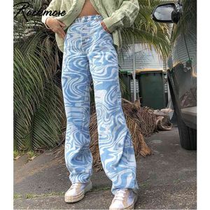 ロックモアシマウマパターンハイウエスト女性のジーンズ90年代街岸ズボンバギーレッグパンツママボーイフレンドデニムキャプリス210922