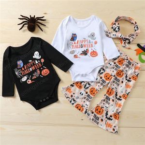 Kinderkleidungssets für Mädchen, Halloween-Outfits für Kleinkinder, Buchstaben-Schädel-Aufdruck, Tops + Kürbis-Schlaghosen + Schleife, Stirnband, 3 Teile/Satz, Frühlings- und Herbst-Babykleidung