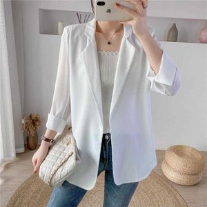 2021 Chiffon terno pequeno terno feminino terno branco top fina pendurado casual temperamento protetor solar camisa longa casaco x0721