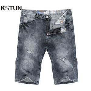 Kstun rippade byxor män sommar kort grå elastisk smal vanlig passform denim shorts manlig mode casual punk rip jeans x0621