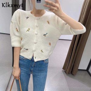 KLKXMYT ZAの女性のファッション刺繍キンティングクロップドカーディガンセーターヴィンテージOネック長袖女性のアウターウェアシックなトップス210527