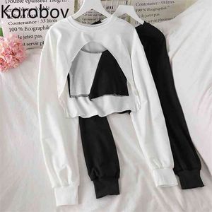 Korobov Frühling Sommer Neue Frauen Hoodies O Hals Langarm Crop Top Sexy Hit Farbe Patchwork Harajuku Hoodies 210430