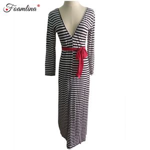 Moda sonbahar kış elbise bayan beyaz ve siyah çizgili desen baskı uzun v arka kol maxi ES 210603