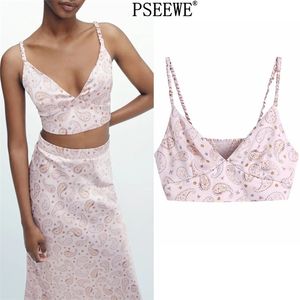 Woman Pink Print Satin Crop Top Women V Neck Elastic Straps Sleeveless Tank Female Slim Sexy Summer Tanks Cam 210519