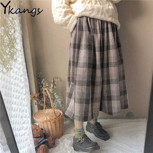 Vintage Wool Plaid Midi kjol Kvinnor Koreansk stil Harajuku veckad kjol Autumn Winter Elastic High midja Kawaii School kläder 210619