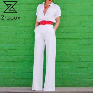 Women Jumpsuit V-neck Short Sleeve White Blue Vintage Rompers Womens Plus Size Long Summer s 210513