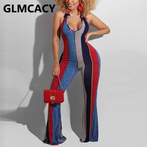 Women Causal Striped Sleeveless Halter Jumpsuit Summer V Neck Flare Pants Overalls Wide Leg Loose Jumpsuit 210702