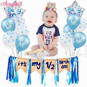 Party Dekoration Halv födelsedagsdekorationer Ballons Kit Mina 1/2 Ballonger Banner Hatt 6 månader gammal baby shower birthay lever