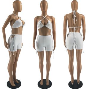 Sommerkleidung Damen Outfits 2XL Solide Trainingsanzüge Zweiteiliges Criss-Cross-BH-Oberteil + Shorts Passendes Set Lässige Sportbekleidung Strandkleidung 7012