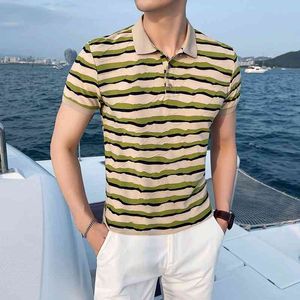 Brytyjski styl paski polo shirt lato krótki rękaw dorywczo koszule polo wysokiej jakości Slim Fit Business Male Odzież Streetwear 210527
