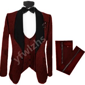 Dostosuj Tuxedo Tłoczenie Przystojny Szal Lapel Groom Tuxedos Men Garnitury Wedding / Prom / Dinner Man Blazer (Kurtka + Spodnie + Kamizelka + Kamizelka) W995