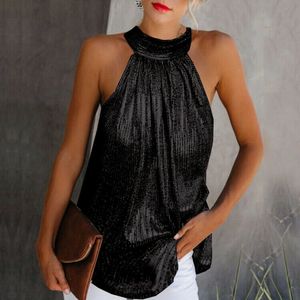 Mulheres Blusa de Ouro Moda Pescoço Alto Sem Mangas Hatler Tanque Up Veste Verão Casual Blusa Solta Camisa Tee 210522