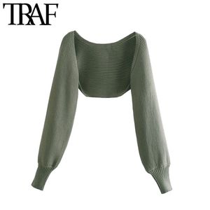 Traf女性のファッションアームウォーマートリミングニットカーディガンセータービンテージ長袖女性のアウターシックトップス211011