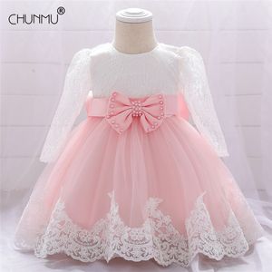 Long Sleeve Infant Baby Girl Dress Lace Flower Baptism Dresses for Girls First Year Birthday Party Wedding Clothes 210508