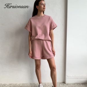 Hirsionsan Summer Cotton Sets Mulheres Casual Duas Peças Manga Curta T Camisas e Cintura Alta Calças Curtas Roupas Sólidas Tracksuit 210714