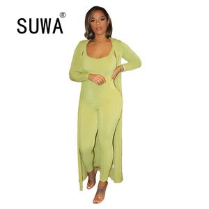 Est Höst Vinter Två Piece Set Kvinnor Långärmad Maxi Coat Tunika + Sexig Party Jumpsuit Romper Fashion Lounge Street Wear 210525