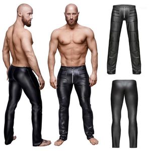 Męskie spodnie Sexy Gay Fetish Black Faux Leather Long Spodnie Zip Up Nowość Mięśniowe Rajstopy Legginsy Slim Wetlook Male1