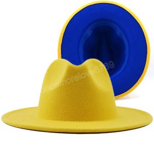 Cappelli Fedora jazz in feltro di lana patchwork blu semplice giallo con fibbia per cintura Uomo Donna Cappello a tesa larga Panama Cowboy Trilby L / XL