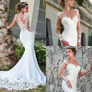 Vintage Beyaz Mermaid Gelinlik Ile Dantel Uzun Kollu Sweep Tren Saten Yaz Plaj Gelin Elbiseler 2021 Illusion Country Gelin Robe Mariage Vestido Novia