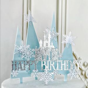 Glücklicher Weihnachtsbaum großhandel-Andere Event Partei Supplies Happy Birthday Cake Topper Schneeflocke Burg Dekoration Acryl Blue Christmas Tree Cupcake Topper Backen
