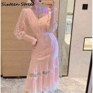 Lantern Sleeve Dress Woman Casual Pink Lace V-neck Maxi Vestidos Spring High Waist Elegant Dresses Female Clothing 210603