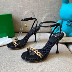 Women High Heel Sandals Gold Chain Ankle Strap Runway Party Shoes Open Toe Rubber Studded Summer Shoe Comfort Massage Sandal