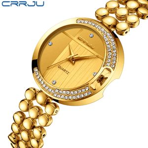 CRRJU Fashion Women's Wrist Watches with Diamond Golden Watchband Top Luxury Brand Ladies Jewelry Bracelet Clock Female Gift 210517