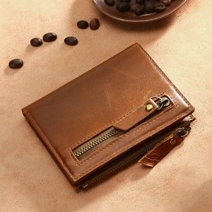 Wallets Simple Cowhide First Layer Oil Wax Leather Wallet Men Rfid Retro Casual Double Zipper Short