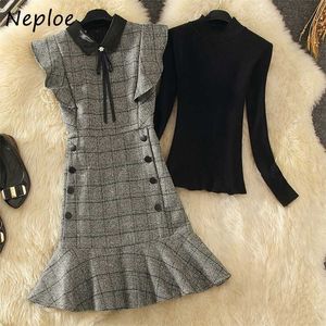 Neploe Chic Suit Bow Plaid Pattern Mermaid Dress + Solid Color Knitted Sweater Fashion Plus Size Clothe 2 Piece Set 211106