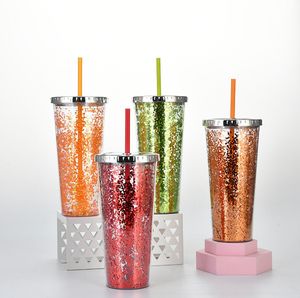 Dubbelskikt Tumbler skimrande pulver bärbara plast tumblers med halm återanvändbar vattenflaska sommar is muggar täcker 24oz havsfartygeee7220