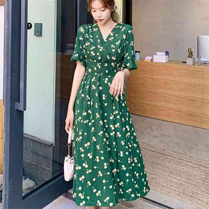 Summer Dress For Women Casual Print Chiffon Long Ladies Sexy V-neck Short Sleeve Boho Beach Holiday es Robe 210514