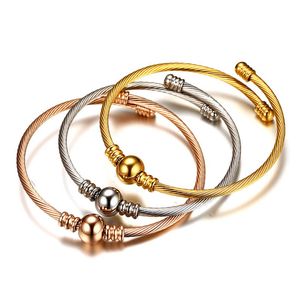 3pcs/ Set Tri Color Stainless Steel Cable Wire Beaded Charm Cuff Bangle Bracelet For Women Ladies Anniversary Statement Promise Occasions