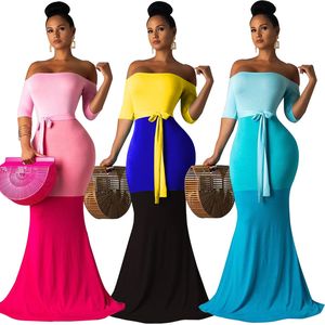 Bayan Mermaid Uzun Maxi Elbise - Kapalı Omuz Üçlü Renk Blok Bodycon Elbise