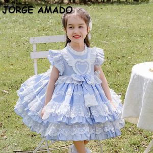 Primavera crianças menina vestido laço azul retalhos de mangas curtas princesa vestidos de casamento piano de casamento realizar roupas festa e1006 210610