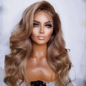 Glueless ombre askblond färgad brasiliansk peruk honung blondbrun 13*4 djupa spetsar främre peruker vågigt transparent mänskligt hår förinställt 150%densitet