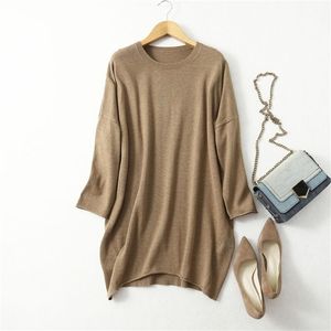 Women's 85% Silk 15% Cashmere Crew Neck Long Loose Type Pullover Sweater Top LY001 210806