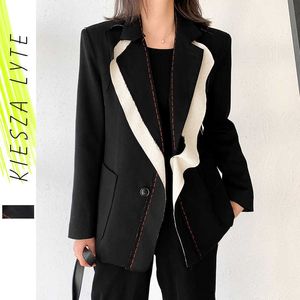 Mulheres Terno Casaco Outono Estilo Coreano Vintage Preto Patchwork Um Botão Blazers Feminino Stylish Senhoras Tendência Outfit 210608