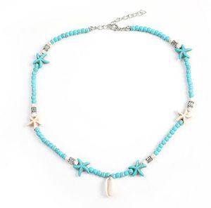 Bohemian Handgjorda Natursten Beaded Pendent Halsband Vit Turkos Starfish Shell Necklace Choker för Women Beach Smycken Partihandel