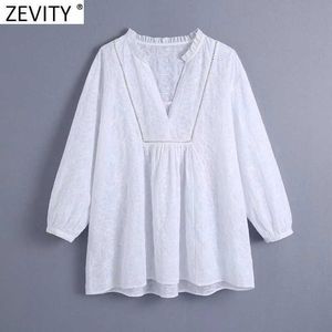 Zeveity Женская мода агарическая кружева V шеи вышивка белый Smock блузка женские повседневные рубашки кимоно луки Chic Blusas Tops LS9161 210603