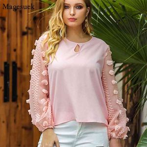 Chegadas elegante lanterna manga senhoras tops o pescoço floral plus size chiffon blusa mulheres casuais rosa camisas para 12404 210512