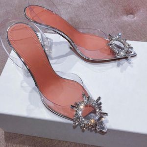 Crystal Pvc Slingback Sandálias Mulheres Begum de Vidro Salto Alto Saltos Sapatos Mulher Transparente Silver Bombas Designer Sandalias Mujer