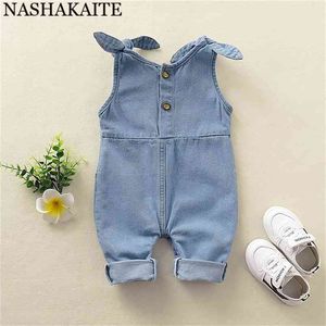 Nashakaite baby flicka kläder axelbandage jeans overalls pocket deco söt denim född jumpsuit 210816