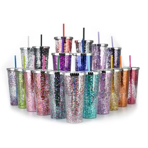 Glitter Su Kupası Büyük Kapasiteli 24 OZ Düz Plastik Moda Tumbler Ile Saman Yaz Partisi Yetişkin Bardaklar