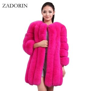 Zadorina S-4XL Zima Luksusowy Faux Fur Coat Slim Długi Różowy Czerwony Niebieski Faux Kurtka Kobiety Fałszywe Futro Manteau Fourrure 211110