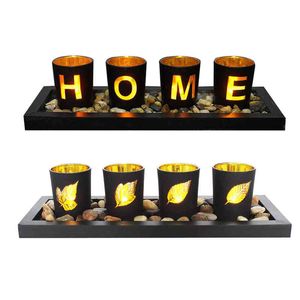 Candle Holders Set, Includes Ornamental Stones Black Wood Tray and 4 Glass Cups, Decorative Holiday Gift for your Loved One Y211229