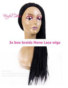 Syntetyczne Brak Koronkowe Przód Peruki 3x Box Twist Braid Wigs Prosty Pleciona Peruka 24inch Czarna Syntetyczna Peruka